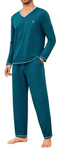 Marvmys Mens Pyjama Set Long Sleeve Soft Cotton Top & Lounge Pants With Pockets V-Neck Loungewear Nightwear Pjs Set