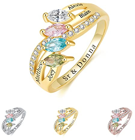 Personalisierte Ringe für Damen, Ringe mit simuliertem Geburtsstein Text | Personalisierter gravierter Namensring, mit 1-5 Steinen, Individualisiertes Versprechensring-Schmuckgeschenk für Jahrestag