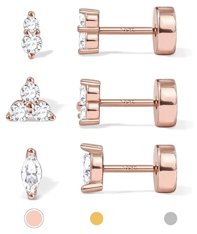 14K Gold Plated Solid 925 Sterling Silver Post Flat Back Earrings Stud | Cartilage Helix Conch Tragus Piercing Jewellery 3 Pairs Tiny Screw Dainty CZ Opal Earring Set Men Women