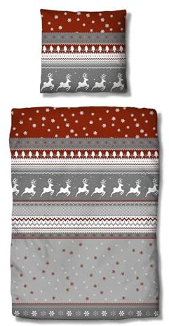 Traumschlaf Biber Bettwäsche Winterland rot – warme & kuschelige Winterbettwäsche – 100% Baumwolle – flauschig & hautsympathisch – Wintermotiv mit Hirschen & Schneeflocken – 200x200 cm + 2X 80x80 cm