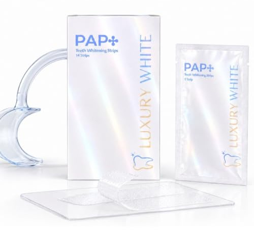 Luxury White PAP+ Whitening Strips Starter Set – 14 Anwendungen – Mit Mundspreizer – Peroxidfrei – Sanfte Zahnaufhellung für weiße Zähne
