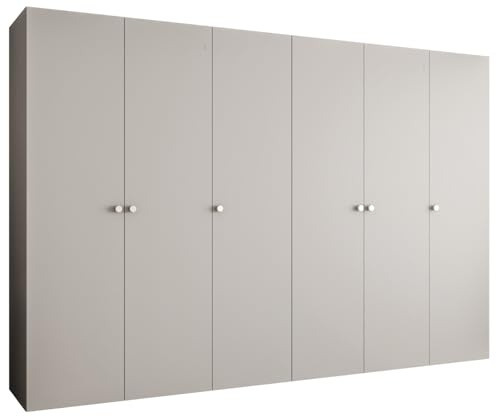 MEBLE KRYSPOL - Kleiderschrank - Garderobenschrank - 300 cm x 202 x 52 cm - Schrank mit Kleiderstange, 6 Türen - für Schlafzimmer, Flur - Parma, Kaschmir, Griff Silber