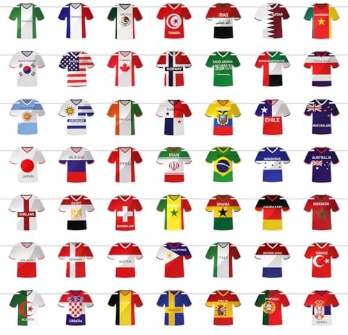 Decorazioni per i Mondiali 2026, bandierine in stile maglia, ghirlande con le maglie di tutte le squadre per feste a tema calcio, vivaci gagliardetti internazionali per fan zone, bar, tailgate e fest