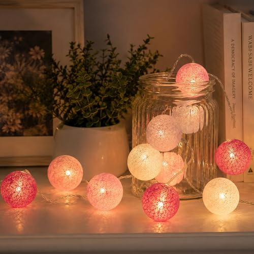 ZingBox Baumwollkugeln Lichterkette, 2M 10 LED Wattebällchen Lichterketten | Batteriebetrieben, Weiß, Rosa und Rot, LED Lichterkette für Kinderzimmer Schlafzimmer Party Weihnachten