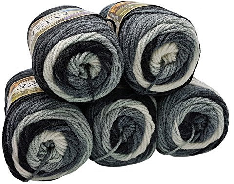5 x 100 Gramm Alize Burcum Batik Wolle schwarz grau weiß mit Farbverlauf, Nr. 1900, 500 Gramm Strickwolle