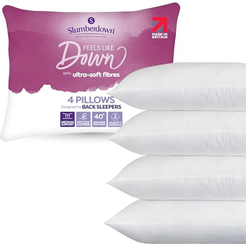 Slumberdown Feels Like Down Pillows 4 Pack - Ultra-Soft Down Alternative Pillow for Front, Back & Side Sleepers | UK Made, Non-Allergenic, Machine Washable (48 x 74cm)