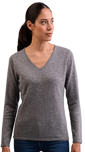 CASH-MERE.CH 100% Kaschmir Damen Pullover | Sweater V-Ausschnitt 2-fädig (Grau, L)