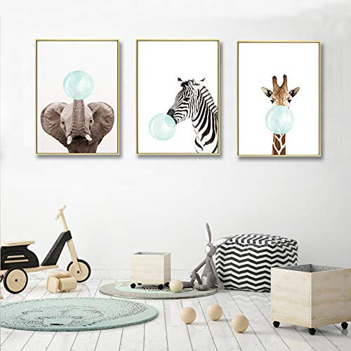 Nordic Ideas PTANB004-S Set mit 3 Folien, Tiere, blauer Kaugummi, Giraffe, Zebra, Elefant, Bild für Kinder, Kinderzimmer, Kunstdruck auf Leinwand, dekorative Wandbilder, Baby, Geschenk