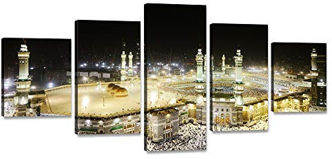 Leinwandbild für Wohnzimmer, 5-teilig, islamischer Muslimischer Heiliger Ort, Kaaba in Mekka, Poster, Kunstwerk, Heimdekoration, gespannt und gerahmt, fertig zum Aufhängen (152.4 x 81.3 cm)