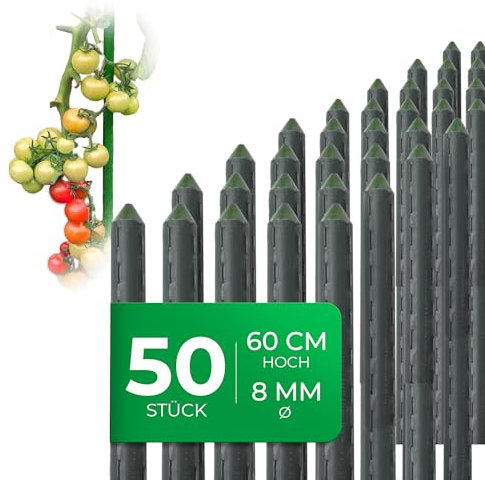 Novatool 50 Stück kleine Pflanzstäbe 60cm grün 8mm stabil Metallrohr kunststoffummantelt Rankstäbe für Pflanzen Rankhilfe Gurken Tomatenstäbe für Kletterpflanzen Rankstab Pflanzstab 60 cm