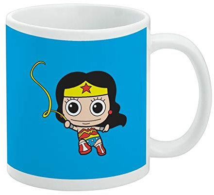 Wonder Woman - Bonita taza de café de cerámica con lazo dorado Chibi, tazas de regalo novedosas para café, té y bebidas calientes, 11 onzas, color blanco