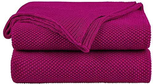PICCOCASA Couverture Plaid Lit pour Canapé en Tricot 100% Coton Légère Solide Douce Rose Rouge 130x150cm