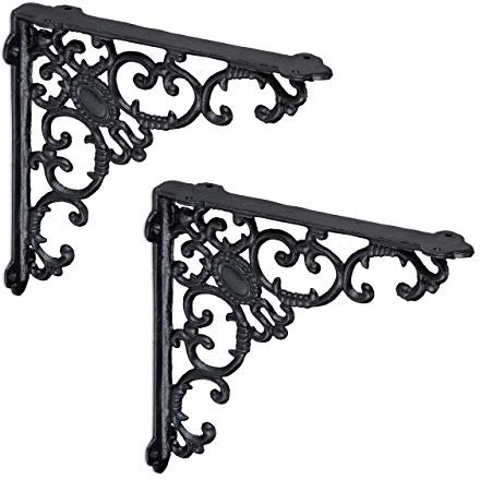 Relaxdays 2x Shelf Brackets, Cast Iron, Rack Support, Vintage Motif, HWD: 21.5 x 4 x 21.5 cm, Angle for Shelves, Black