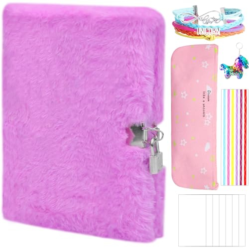 Hicdaw 11-teiliges Plüsch-Tagebuch mit Schloss für Einhorn, Tagebuch-Set mit Notizbuch, Federmäppchen, Schlüsselanhänger, Armband und Foto-Aufkleber für Mädchen, Kinder, zum Schreiben und Zeichnen