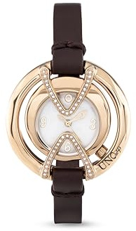 UNO de 50 18 K vergoldete Uhr mit braunem Lederarmband, rundes doppeltes Zifferblatt mit Topas