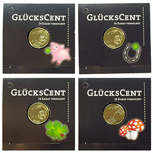Gedeko 4er Set Glücksbringer Glückscent vergoldet Glücksmünze für Geburtstag, Weihnachten, Silvester, Neujahr: Glücksschwein Glückspilz Kleeblatt Hufeisen