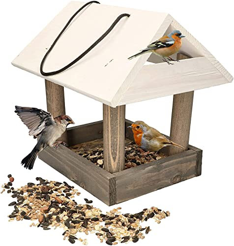 KOTARBAU® Holz-Vogelfutterhaus mit zum Aufhängen Naturholz Weißes zum Aufhängen + 0,5 kg Futter Gratis