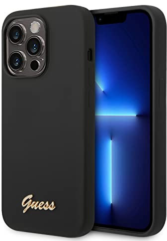 Guess GUHCP14XSLSMK - Custodia per iPhone 14 Pro Max 6,7, colore: Nero/Nero Hard Case Silicone Vintage Gold Logo