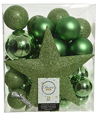 Kaemingk Weihnachtskugeln Kunststoff 5-8cm mit Christbaumspitze Stern 33er Set bruchsicher hellgrün grün