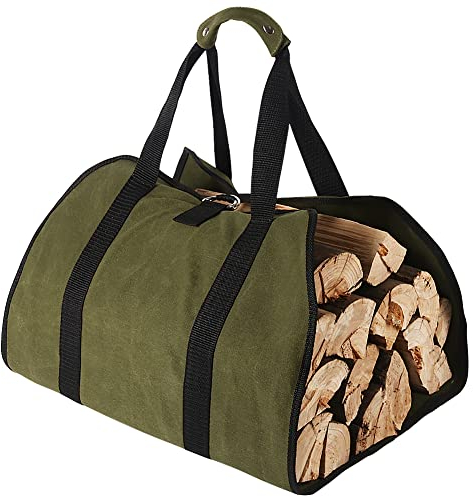 Large Canvas Log Carrier Bag, 38”x 18” Heavy Duty Waxed Fireplace Firewood Tote Bag for Indoor Wood Stoves Outdoor Camping (Green)