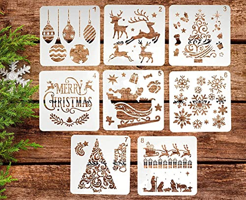 BTORER 8 inch Christmas Stencils 8Pcs Xmas Template Plastic Craft Stencils for Painting Wood, Spraying Door Window, Journal Scrapbook Cards Making, DIY Xmas Decoration