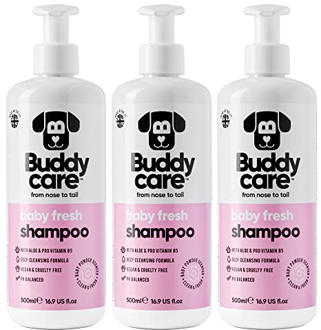 Baby Fresh Dog Shampoo von Buddycare - Shampoo für müffelige Hunde ab 8 Wochen - Baby-Puder-duftendes Welpen-Shampoo mit Aloe Vera und Provitamin B5 (500ml x3)