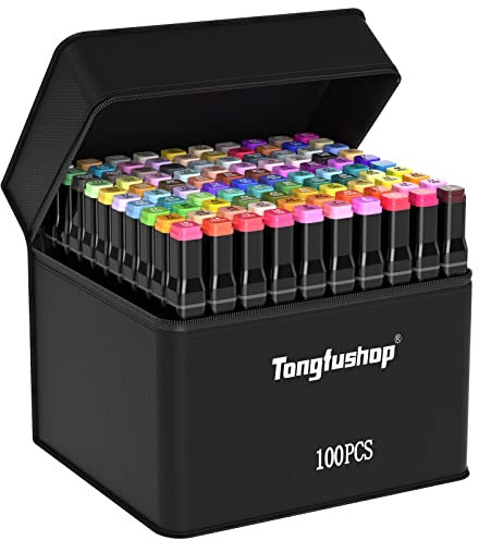 Tongfushop 100 Colored Marker Set, Colouring Pens for Adults, Dual Tip Alcohol Markers for Drawing, Sketching, Anime, Manga, Fun doodling, Felt Tip Pens with Carrying Case & Storage Base
