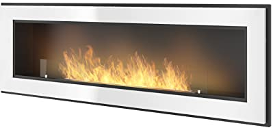 Bioethanol-Kamin zur Wandmontage mit Schutzglas inklusive Biokaminrahmen aus Stahl (Weiß, 150 cm)