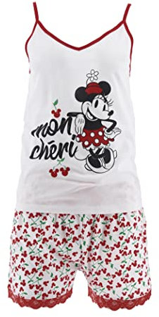 Disney Minnie Mouse T-Shirt e Pantaloncini per Donna, Pigiama in Morbido Cotone, Set da 2 Pezzi da Donna, Design Minnie Mouse, Regalo per Donne e Adolescenti | Taglia L - Bianco