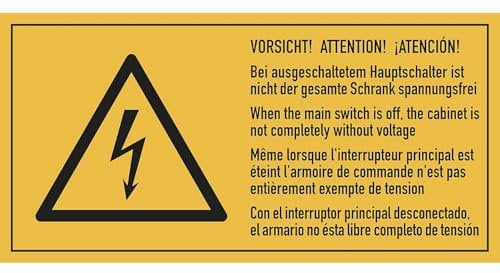 DENIOS | Mehrsprachige Kombischilder mit Text für Elektroeinsatzbereiche | Vorsicht! Bei ausgeschaltetem Hauptschalter ist nicht der gesamte Schrank spannungsfrei | VE 10 Stk | Folie | LxH 100 x 50