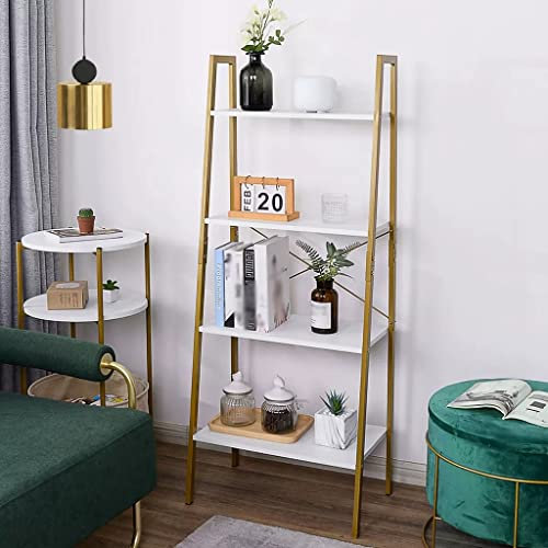 GIZNXBA Bücherregal Schmal Industrielles Leiterregal Bücher Regal Groß 4-stöckig Büroregal Freistehendes Bücherregal Offene Holz-Leiterregale Metallrahmen, Regal Für Heimbüro (Color : /B Gold)