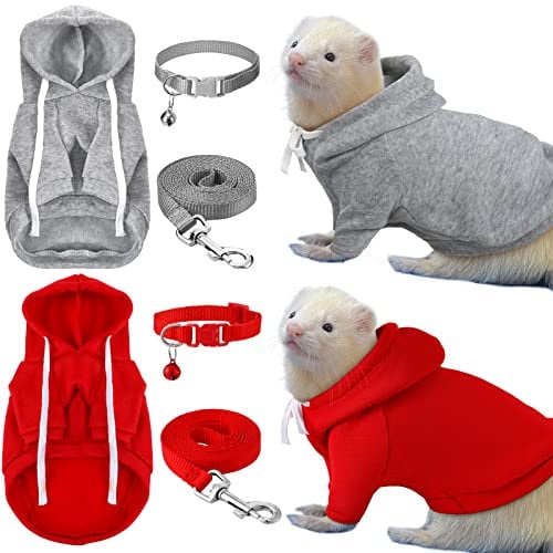 Foaincore 6 Pcs Ferret Clothes Accessories - Harness and Leash Set, Safe Collar Bell, Soft Sweatshirt for Guinea Pig, Hamster, Chinchilla, Teacup Chihuahua - Grey and Red