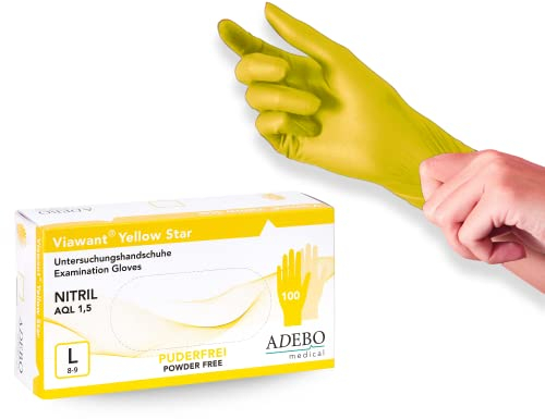 Einweghandschuhe 100 Stück | L | Nitrilhandschuhe Gelb | Puderfreie, latexfreie Einmalhandschuhe | Reißfest & feinfühlig | EN 455 & EN 374 | Gr. S, M, L