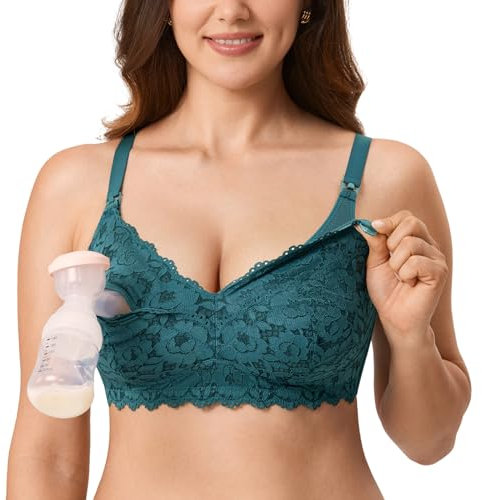 MOMANDA Women's Pumping Bra Lace Nursing Bras Maternity Breastfeeding Hands Free Breast Pump Bra Spruce Green 40DD
