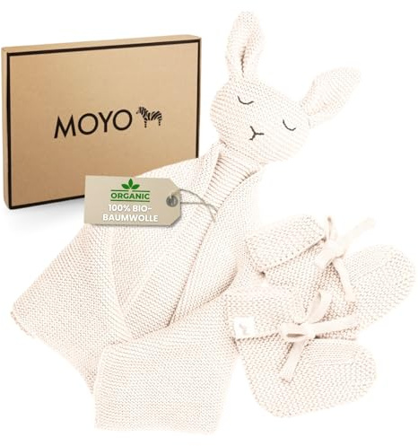 MOYO Baby Geschenk Set in Offwhite I 2-teiliges Geschenkset mit gestricktem Schnuffeltuch-Hase & Schühchen I Geschenk zur Geburt für Junge & Mädchen I Babygeschenke für Neugeborene
