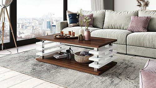 DC-3 Couchtisch Nussbaum/Weiß Hochglanz 120x60cm mit Ablage modern stabil vielseitig Wohnzimmertisch Beistelltisch Sofatisch Zeitloses Design platzsparend robust Wohnzimmer ohne Rollen