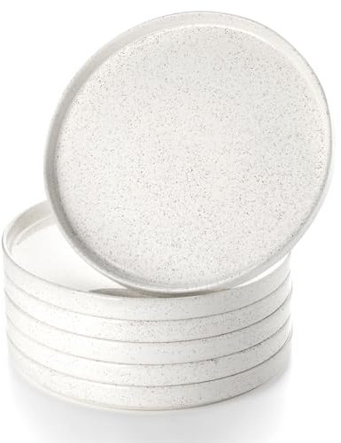 Nucookery Keramik Speiseteller 6er Set, 25,4 cm Salatteller, runde Dessertteller, große Geschirrteller für Küche, Mikrowelle, ofenfest, kratzfest, gesprenkelt weiß