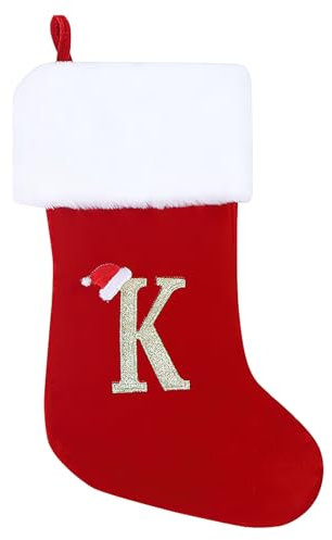 Personalized Christmas Stockings 45 cm Initial Monogram Embroidered Letter Christmas Stocking Red Velvet Xmas Stockings Classic Christmas Stockings Holiday Decor Tree Decoration for Kids & Adults (K)