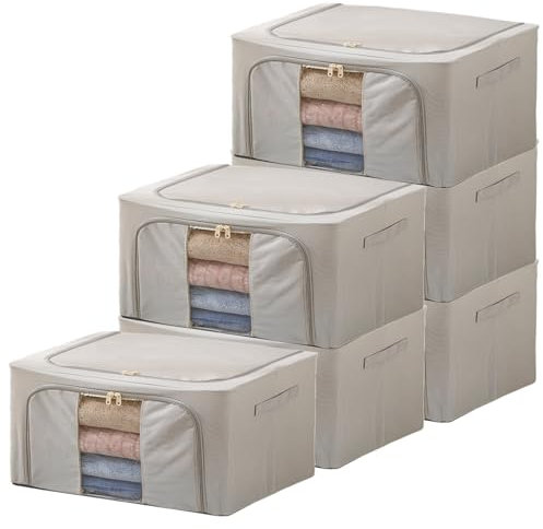 Goesort 6 Pack Clothes Storage Boxes with Steel Frame Support, 22L Moving Bag Wardrobe Storage Organiser Packing Boxes for Moving House with Clear Windows for Towel Duvet Sweater Bedding, Grey