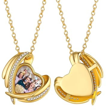 Custom4U Collier Femme Photo Personnalisé Cuivre Pendentif Ailes d'Anges Plaqué Or Porte Photo Prénom Personnalisable