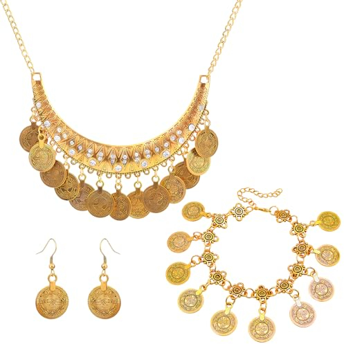 Lets Joy 4 Stück Gold Vintage Münze Schmuck, Wahrsagerin Schmuck Gold Set, Vintage Metallic Münze Schmuck, Boho Stil Halsketten Ohrring Armband, Karneval Pirat Kostüm Bauchtanz Schmuckset