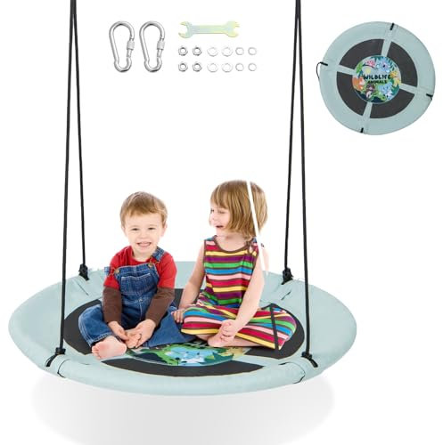 COSTWAY Balançoire Nid d'Oiseau Ø 102cm Enfants avec Motif Forêt, Balançoire Soucoupe en Tissu Oxford Intérieur Extérieur avec Cordes Réglables (140-180cm), Charge 100kg pour Enfants de 3-12 Ans