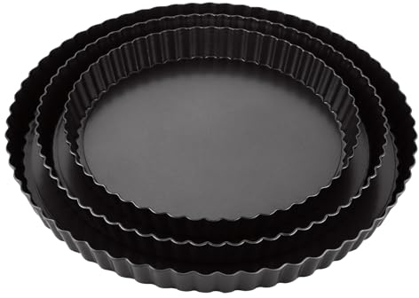VIDETOL 3 Stück Tarteform mit Hebeboden, 3 Größen (22cm/26cm/30cm) Backform Rund, Antihaftbeschichtete Quicheform, Tortenboden Backform, Obstkuchenform Karbonstahl für Backen, Tarte, Quiche, Pie