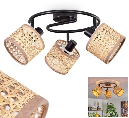 Deckenleuchte Bongal, moderne Deckenlampe aus Metall/Rattan/Wiener Geflecht in Schwarz/Natur/Beige, 3-flammig, mit verstellbaren Strahlern, runde Leuchte im Boho-Design, 3 x E14, ohne Leuchtmittel
