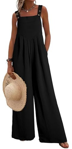 Dokotoo Damen Latzhose Sommer Ärmellos Jumpsuit Casual Lose Overall Baggy Playsuit Romper Leinenhose mit Träger, schwarz, L