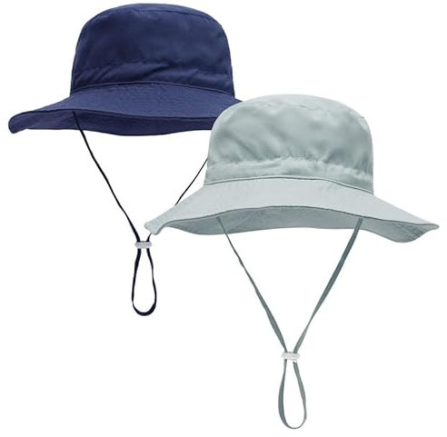 FUIPVGI 2 Piezas Bebé Niños Ajustable Bucket Sun Hat, Gorro Bebe Verano, Gorra Playa Niñas Niños, Gorros Proteccion UV Bebe con Correa Ajustable para la Barbilla y ala Ancha (Gris, Azul Oscuro)