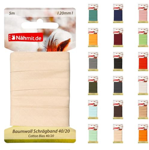 Nähmit 5m Karte Baumwoll Schrägband, 100% Baumwolle 20mm Breit - 40/20 vorgebügeltes Schrägband (A03-Ecrú, 5m Karte)