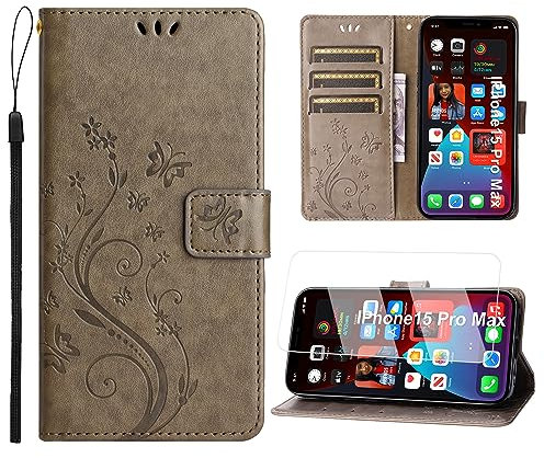 Anshow for iPhone 16 Pro Case Wallet with Wrist Strap, Flip Leather Case with Cards Holder Phone Case with Kickstand Cover for iPhone 16 Pro, Gray