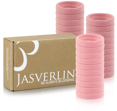 JASVERLIN Rosa Mädchen dicke Haare Krawatten, 2,4 Zoll große weiche nahtlose Baumwolle Haargummis Bands für Frauen, keine Beschädigung faltenfreie Nylon elastische Scrunchies lockiges Zubehör 30 Stück