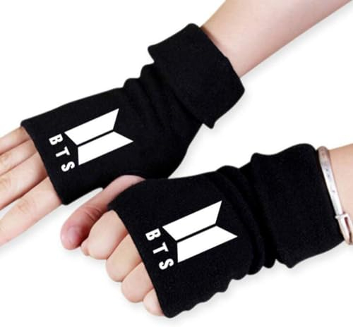 1 Paar Bangtan Boys Fingerlos Handschuhe, Bangtan Boys Merch Geschenk für Army, Schwarz Kpop Winter Gloves, Bangtan Boys Strickhandschuhe mit 2 Bangtan Boys Photocards und 1 Bangtan Boys Aufkleber